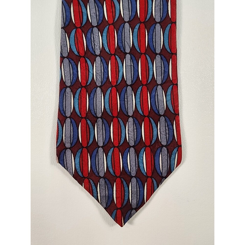 Vintage Valentino Pietro Mens Tie Pure Silk Geometric Pattern Red/Blue/Grey - Picture 2 of 7